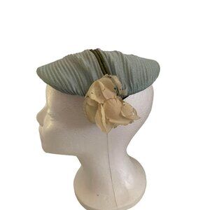Blue Pillbox Hat with Cream Flower Accent Elegant Style Headpiece Vintage